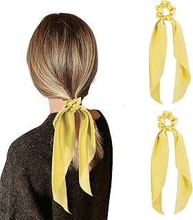 リボン付きシルクシュシュ - 女性用イエローヘアアクセサリー 2個セット - サテンヘアタイとスカーフシュシュ