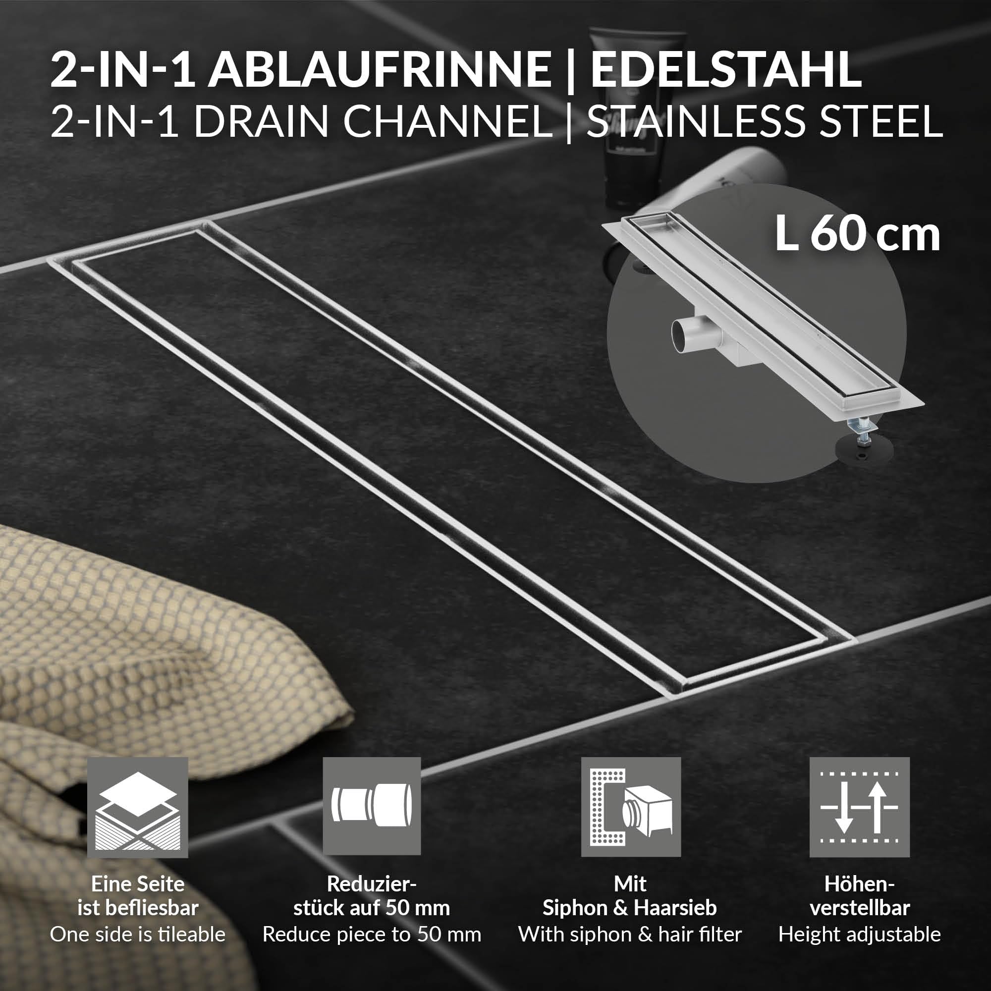 LuxeBath Canal de Ducha Desagüe 60cm 2en1 Extraplano Acero Inóxidable Fijación al Suelo Sumidero Sifón Doble Cara Autolimpiante con Tope para Olores y Colador de Pelo Alcantarillado para Baño
