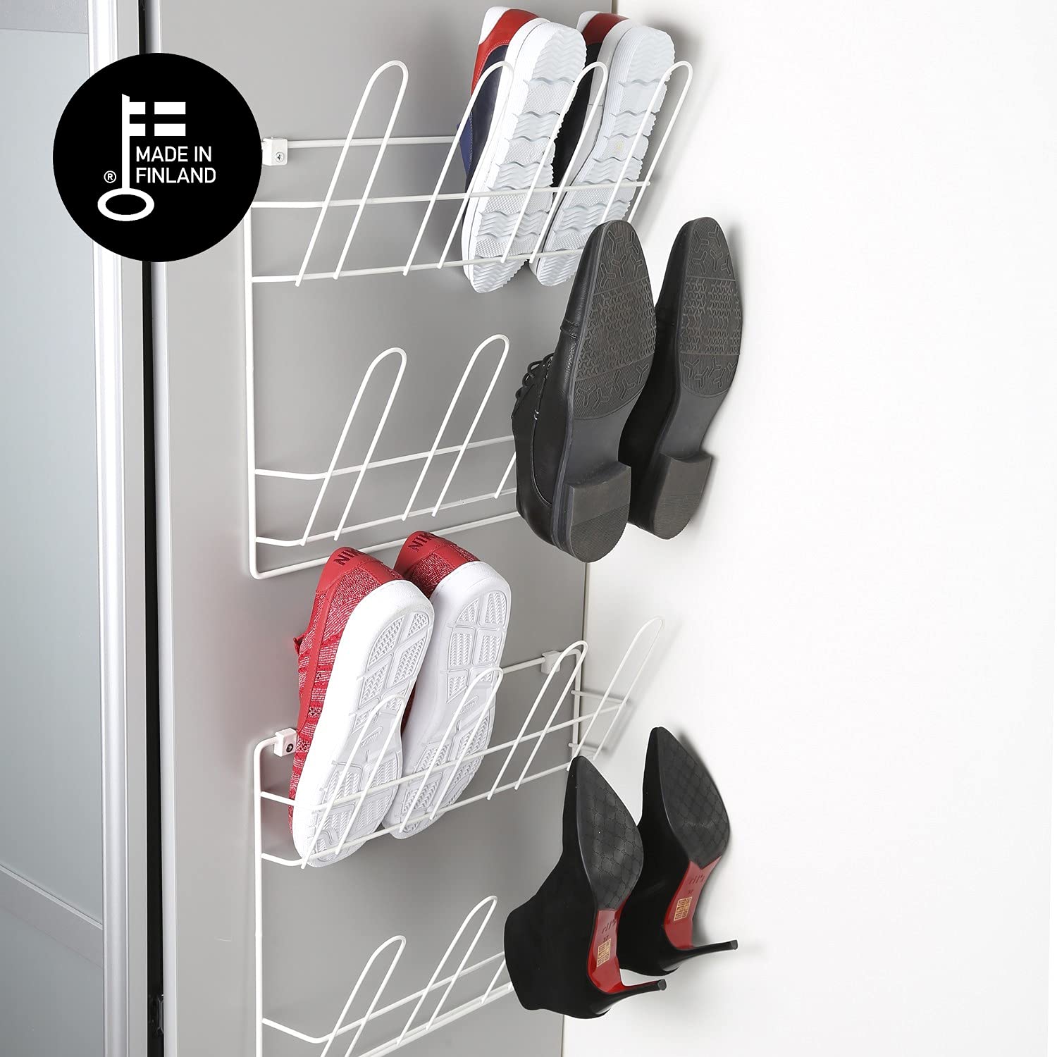 LM 322/2 Schuhregal Schwarz schmal hängend, Wand und Tür Organizer für Schuhe, Ordnungssystem Kleiderschrank, Schuhaufbewahrung platzsparend aus Metall, 42cm breit, Schwarz