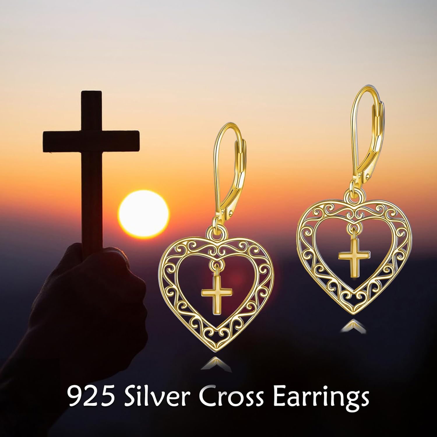 Cross Earrings for Women S925 Sterling Silver Heart Cross Dangle Drop Earrings Faith Religious Jewelry for Women