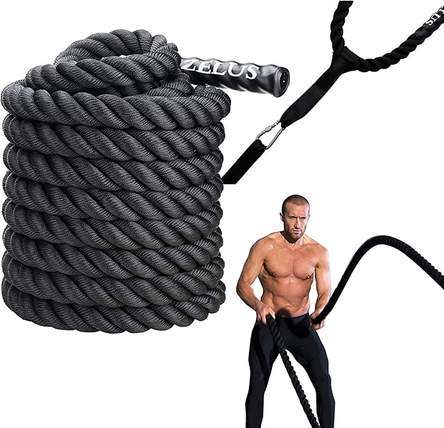ZELUS Battle Rope and Anchor Strap Kit | 30ft 40ft 50ft Fitness Rope with Anchor Set for Home Gym Workouts | 3.8cm Heavy Rope