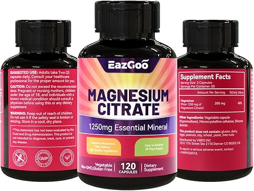 Miniatura 9 de Cápsulas de citrato de magnesio de 1250 mg, suplemento de citrato de magnesio de alta absorción con magnesio elemental, suplemento de magnesio extra