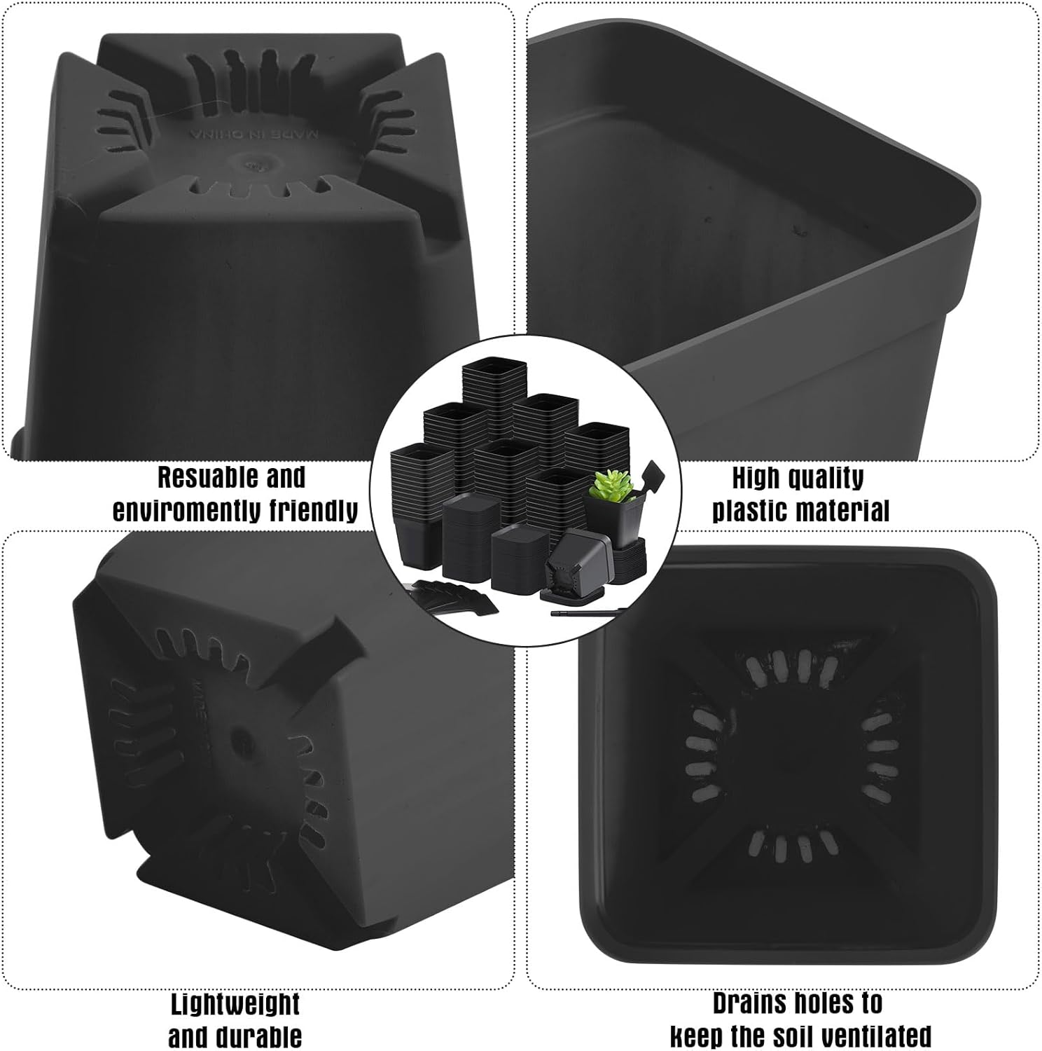 Zubebe 140 Pcs Plastic Plant Pots with Saucers, T Type Plant Labels, and Marking Pen for Indoor and Outdoor Use, Black
