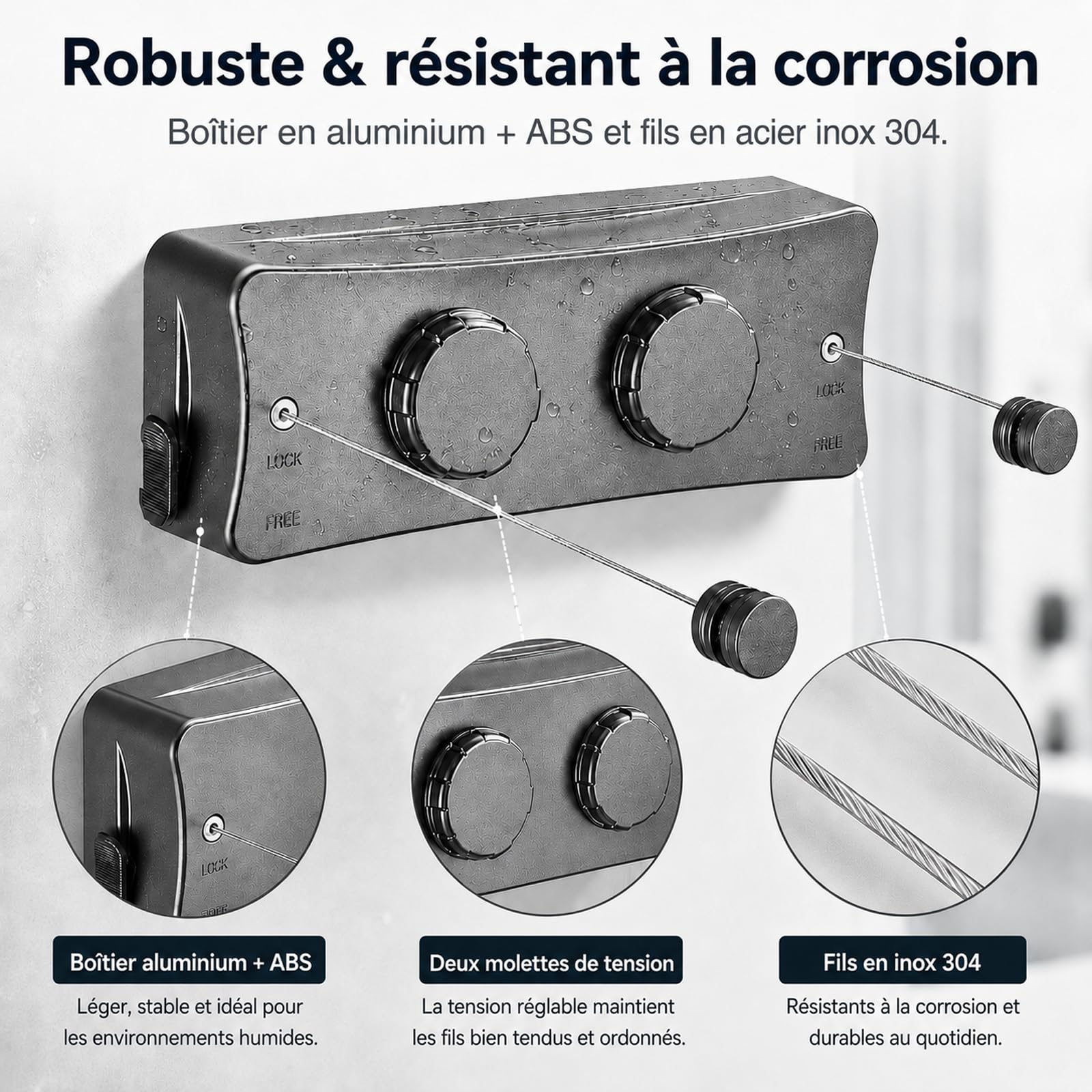 Corde à Linge Rétractable Murale 2 x 5 m avec Tendeur Intégré