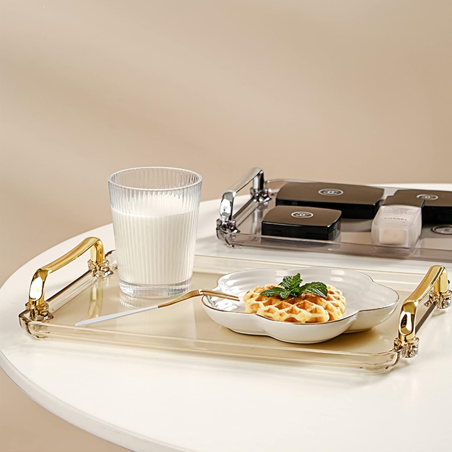 Acrylic Serving Tray with Handles Ottoman Countertop Decorative Tray Serving Tray Spill-Proof Tray for Coffee Table Living Room Bedroom16 x 9 x 0.8 inches (Amber) - Image 2