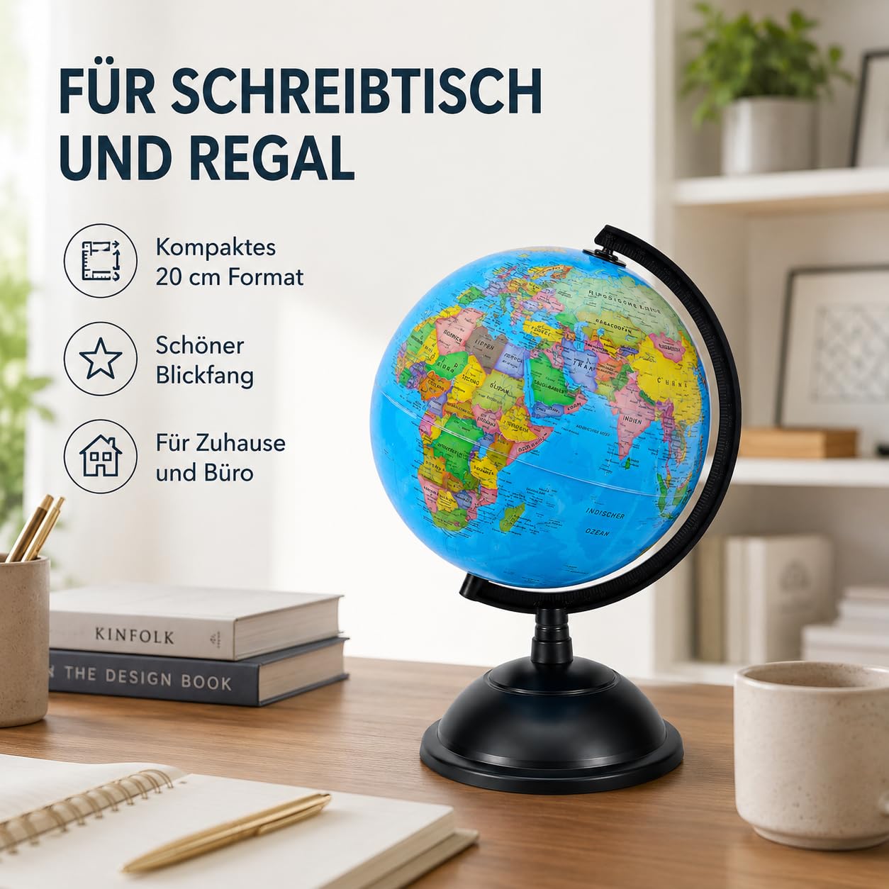 EXERZ Schülerglobus 20cm Deutsche Karte Drehbarer Globus Kinder Lernen | Politische Weltkarte auf Deutsch mit stabilem Standfuß für Schule Zuhause Büro Regal und Geografie