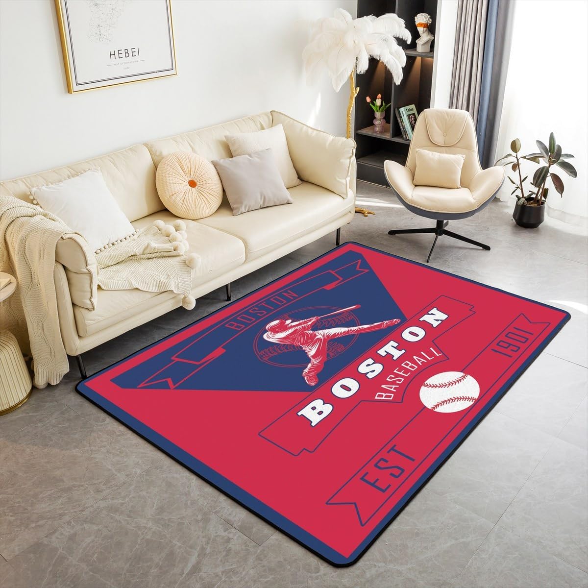 Feelyou Boys Baseball Area Rug 5x7 Polyester Boston Living Room Rugs for Bedroom Baseball City Decor Carpet Sports Game Indoor Floor Mat Soft Non-Slip