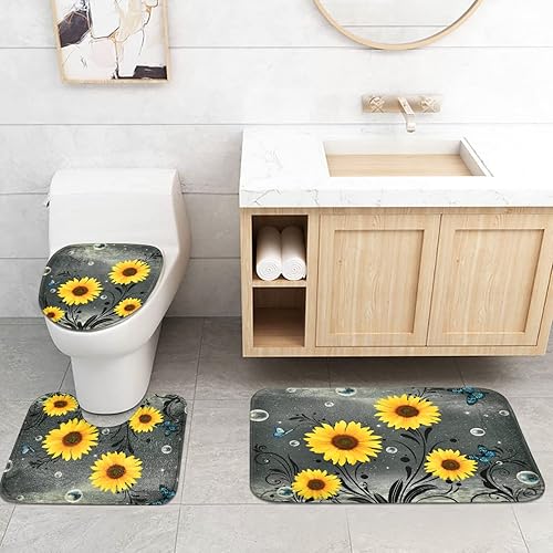 Miniatura 4 de Ikfashoni Juego de 4 cortinas de ducha de girasol con alfombras, cubierta de tapa de inodoro, cortina de ducha de mariposa azul con 12 ganchos,