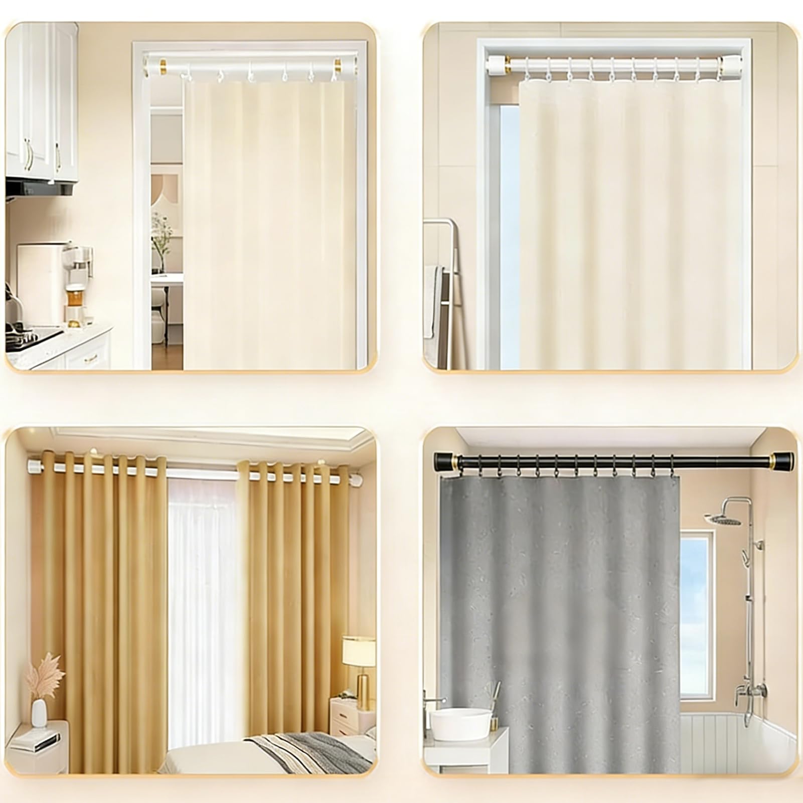 Barra de cortina de ducha ajustable sin taladrar, 260-350 cm, versátil barra de tensión negra para baño, cocina y ventanas, fácil instalación, ahorra espacio, elegante solución para el hogar