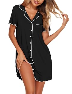 Ekouaer Nightgowns for Women Button Down Sleep Shirt Short Sleeve NightShirts Boyfriend Sleepdress Soft Pajama Dress