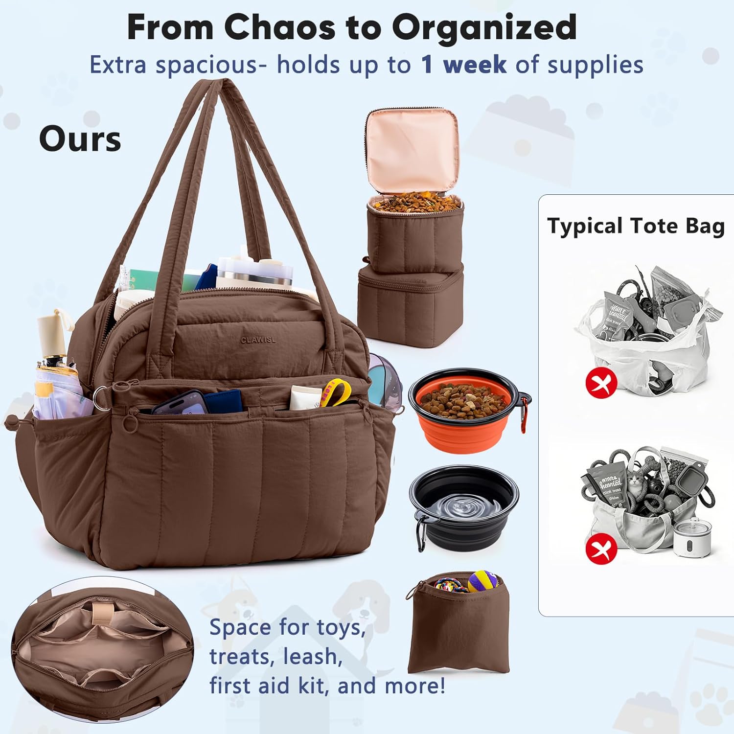 Dog Travel Bag for Supplies, Airline Approved Pet Travel Organizer with 2 Food Containers & Collapsible Bowls, Large Capacity Dogs Tote Bag for Weekend, Stylish Dog Mom Gift for Pet Lovers