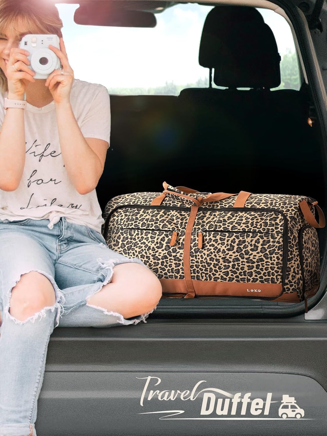 Lekesky Foldable Travel Duffel Bag for Women, 80L Large Duffle Bag with Separate Shoes Compartments & Straps, Carry On Weekend Bag for Women, Hospital, Overnight(Leapord) - Image 2