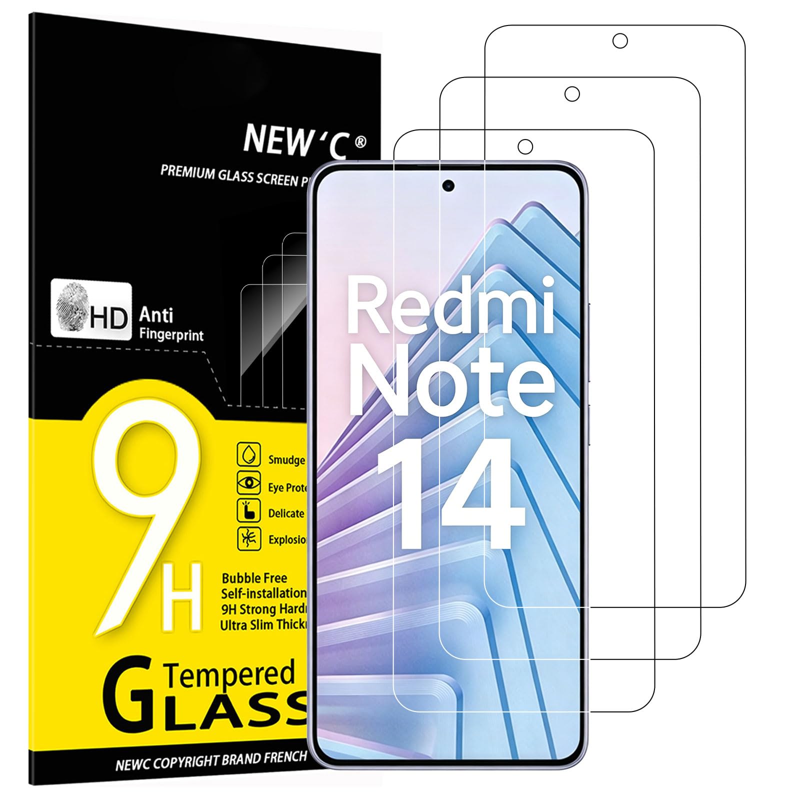 NEW'C Lot de 3, Verre Trempé pour Xiaomi Redmi Note 14 5G/4G, (non compatible avec Xiaomi Redmi Note 14 Pro 5G) Protection écran efficace contre les Rayures - sans Bulles - Ultra Résistant