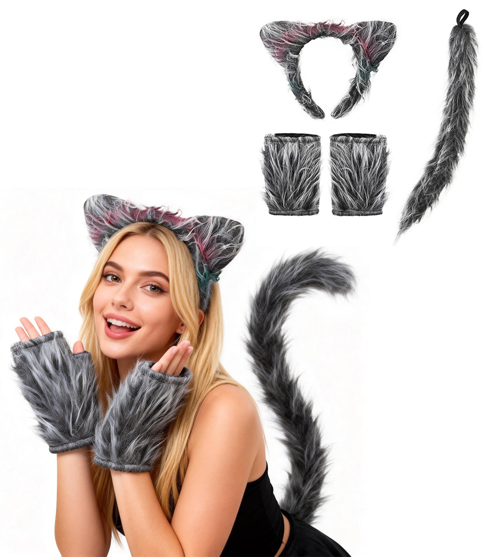 QCHOMEE Lion Wolf Ears Tail Claws Gloves Set Adult Wolf Lion Tiger Animal Ears Hairband Tail Paws Gloves Suit Cute Animal Cosplay Headwear Fancy Dress Up Halloween Party Role Play Costume Accessories