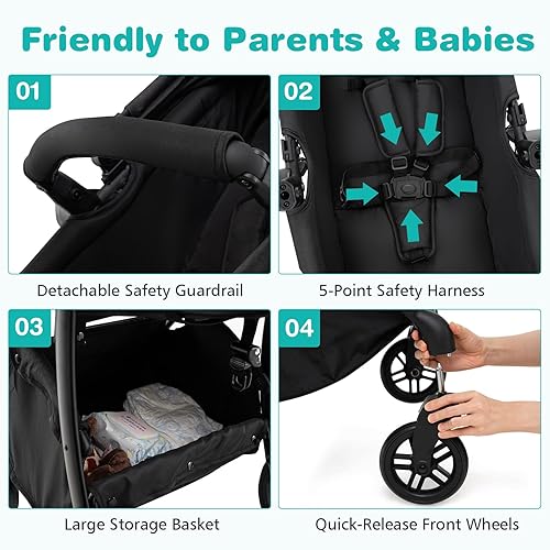 Miniatura 4 de BABY JOY Cochecito de bebé 2 en 1, cochecito convertible de paisaje alto con asiento reversible, respaldo y toldo ajustables, cochecito plegable