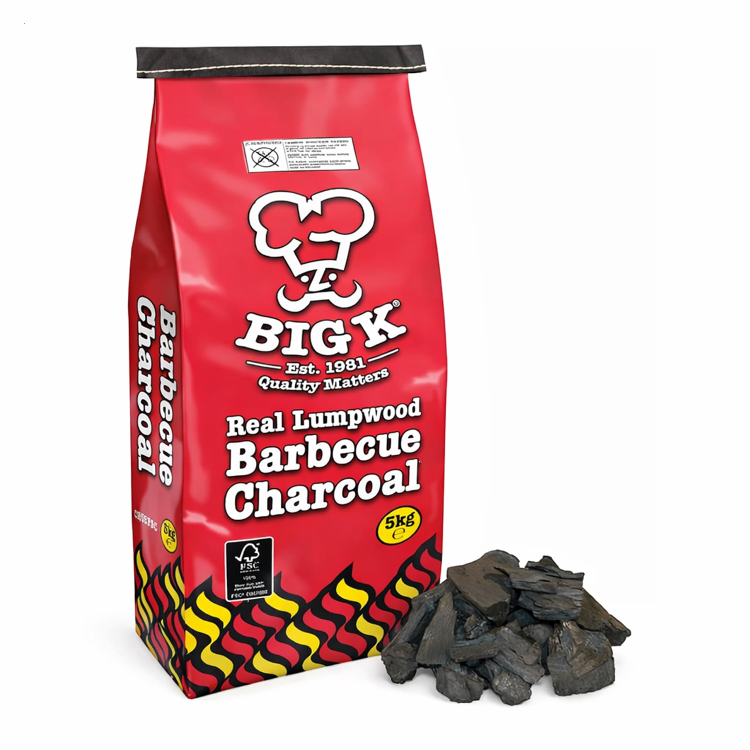 Topline Black Big K Bbq Grill Lumpwood Charcoal Bag - Quick To Light Real Lumpwood Charcoal Barbecues 5Kg Bag With Card For Outdoor Barbeque, Fire Pit, Camping Bbqs