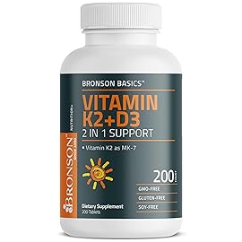 Bronson Vitamin K2 D3 (MK7) Supplement Non-GMO Formula Vitamin D3 5000IU (125 mcg) & 90 mcg K2 MK-7, Easy to Swallow D & K Complex, 200 Tablets
