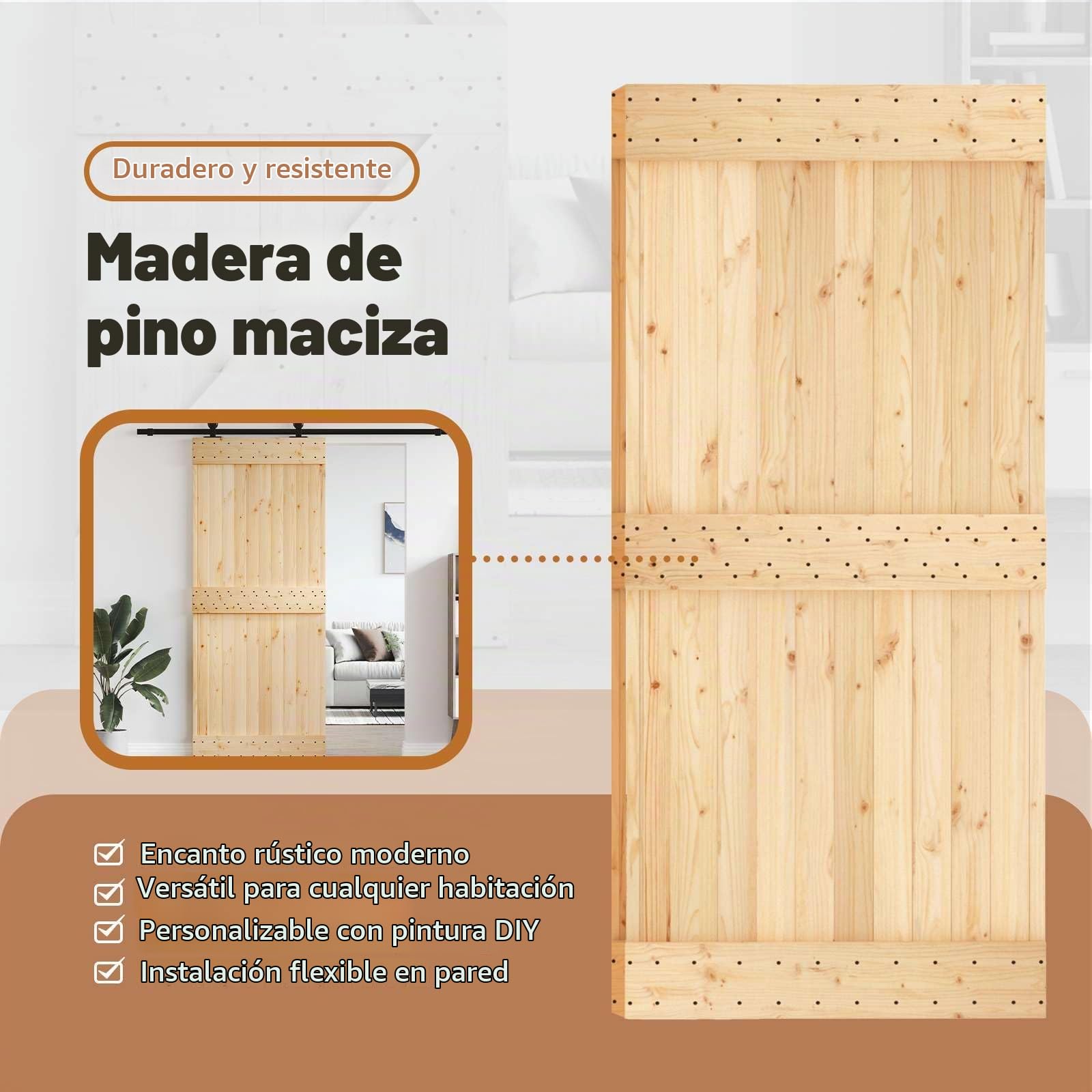 vidaXL Puerta Narvik Natural 95 x 210 cm Madera de Pino Sólido, Puerta Rectangular Moderna, Interior de Pino, Ahorra Espacio, Separador Contemporáneo de Habitaciones, Diseño Funcional