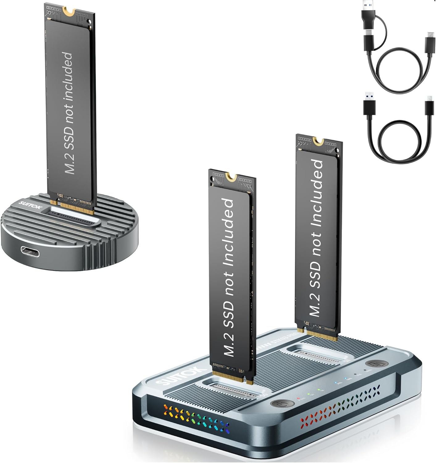 M.2 NVMe SSD Reader External 10Gbps, SUITOK M.2 Duplicator Cloner Dual-Bay Offline USB C to NVMe SATA Dock Station 20Gbps, 2 to USB Adapter for Both M 2 (M Key, B+M Key) STK06 Lite + STK03 Pro