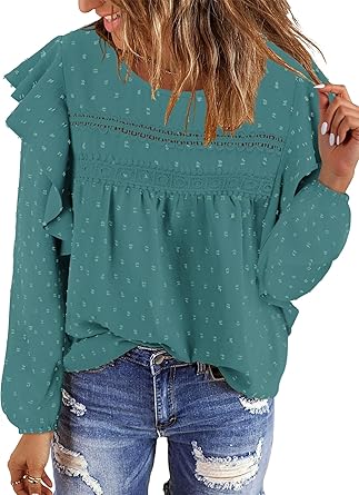 BETTE BOUTIK Womens Boho Fall Long Sleeve Shirts Crewneck Dressy Casual Blouses Trendy Flowy Tops