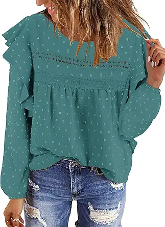 BETTE BOUTIK Womens Boho Fall Long Sleeve Shirts Crewneck Dressy Casual Blouses Trendy Flowy Tops