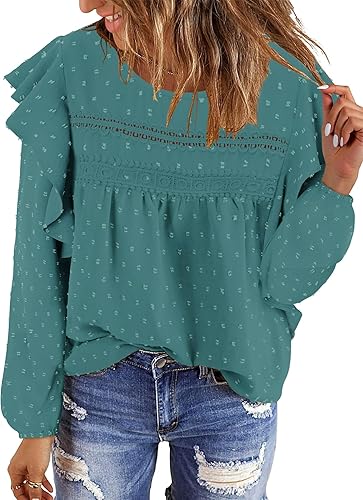 BETTE BOUTIK Womens Boho Fall Long Sleeve Shirts Crewneck Dressy Casual Blouses Trendy Flowy Tops
