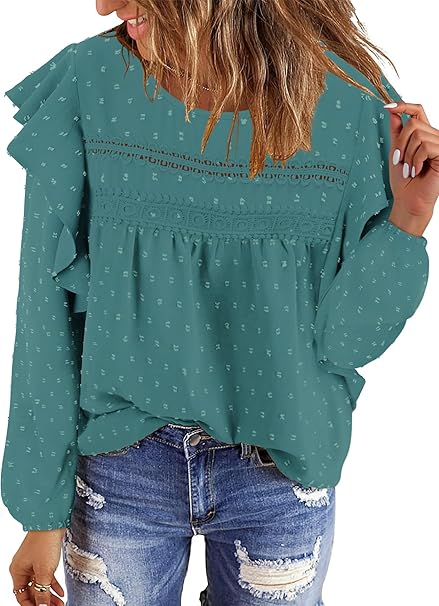BETTE BOUTIK Womens Boho Fall Long Sleeve Shirts Crewneck Dressy Casual Blouses Trendy Flowy Tops