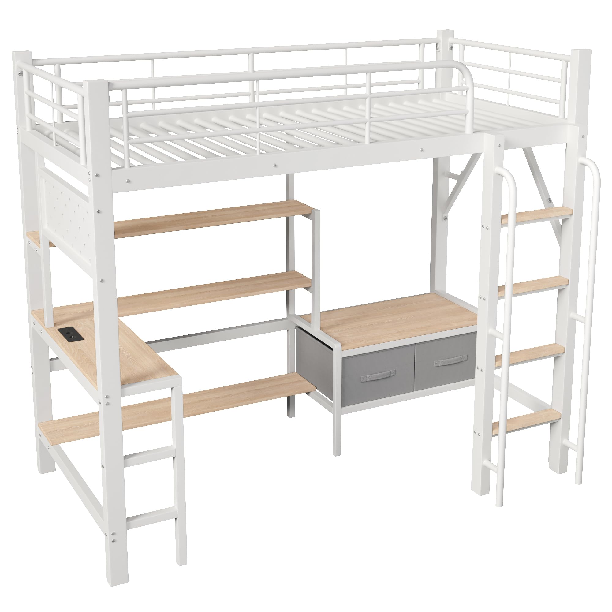 Hochbett 90x200 mit Lochwand, mehreren Regalen, LED, USB, Schreibtisch
