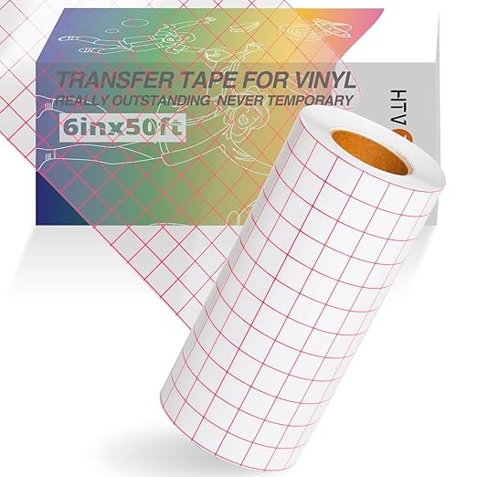 HTVRONT Clear Vinyl Transfer Paper Tape Roll 6" x 50 Feet Clear w/Red Alignment Grid - Application Transfer Tape Perfect for Self Adhesive Vinyl for Signs Stickers Decals Walls Doors & Windows
