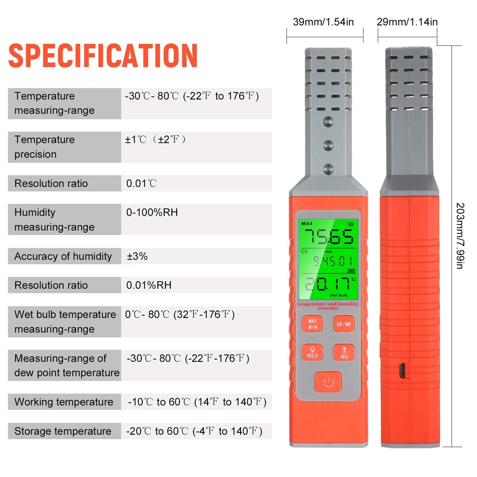 Thermomètre Hygromètre Enregistreur de température et d'humidité Prise en charge de la surveillance de l'ordinateur en temps réel Hygromètre de thermomètre commutable Backlit LCD Thermomètres Hygromèt