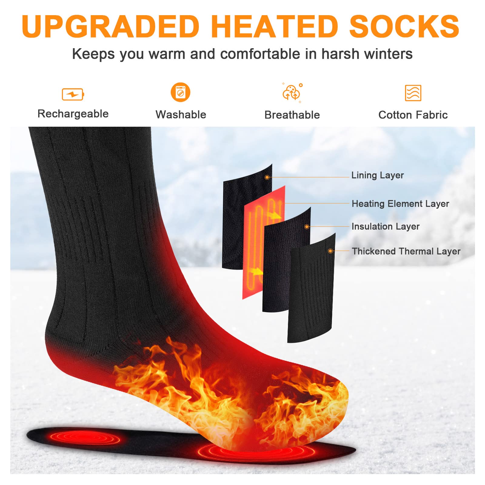 Flintronic Calcetines Calefactables para Hombre y Mujer de 2200 mAh, Calcetines Calefactores para Pies de Invierno con 3 Ajustes de Calefacción, Baterías Recargable Calcetines, para Esquí/Senderismo