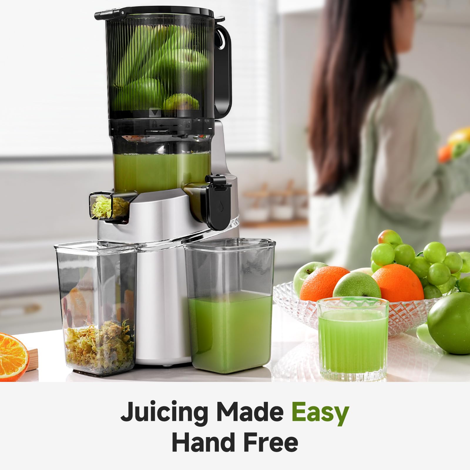 AMZCHEF 250W Automatischer All-In-One Entsafter, 145MM Öffnung und 1,8L entsafter für Gemüse und Obst, Kaltpresse Slow Juicer Testsieger mit Dreifachem Filter - Silber
