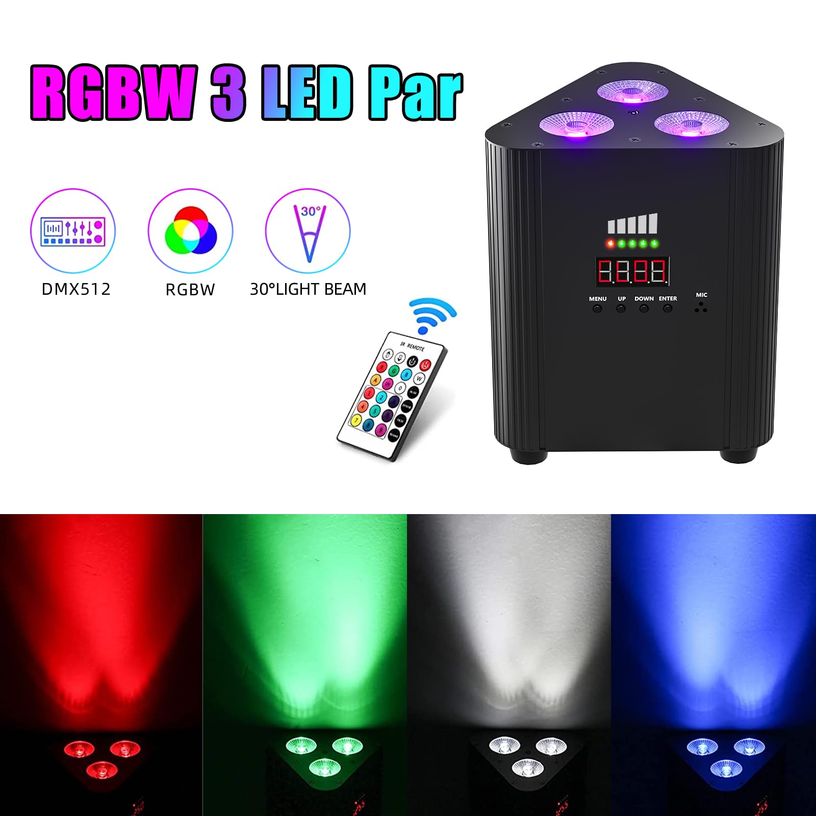 senza fili RGBW 3 LED par Faro con telecomando, 4400 mA ricaricabile Batteria-dmx-LED luce festa Uplight con indicatore di potenza DJ luce palcoscenico per KTV discoteca matrimonio Natale