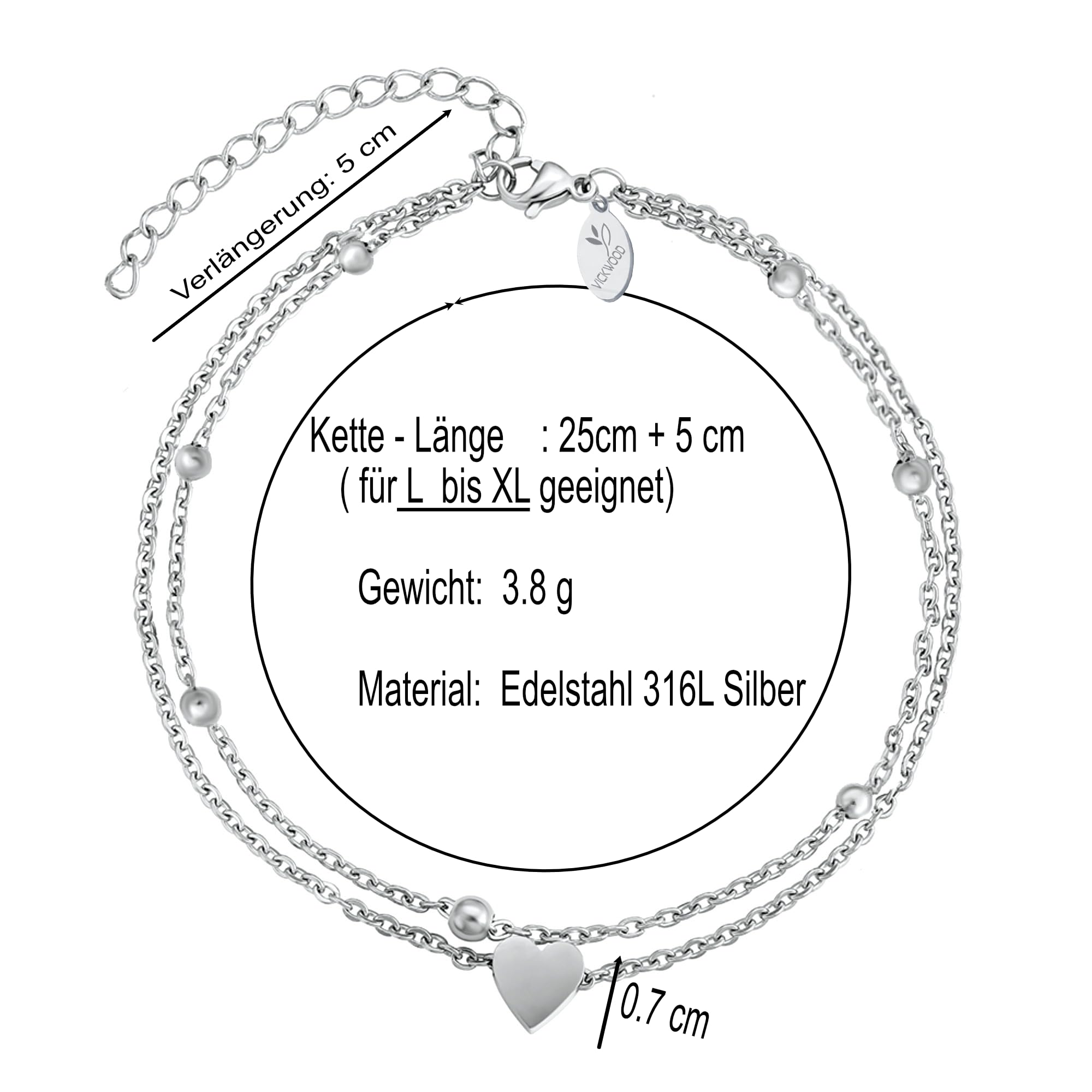 Tobillera para mujer de acero inoxidable, resistente al agua, extra larga, 21 cm hasta 30 cm, chapada en oro de 18 quilates, cadena de corazón en oro/oro rosa/plata/negro, regalo para mujeres