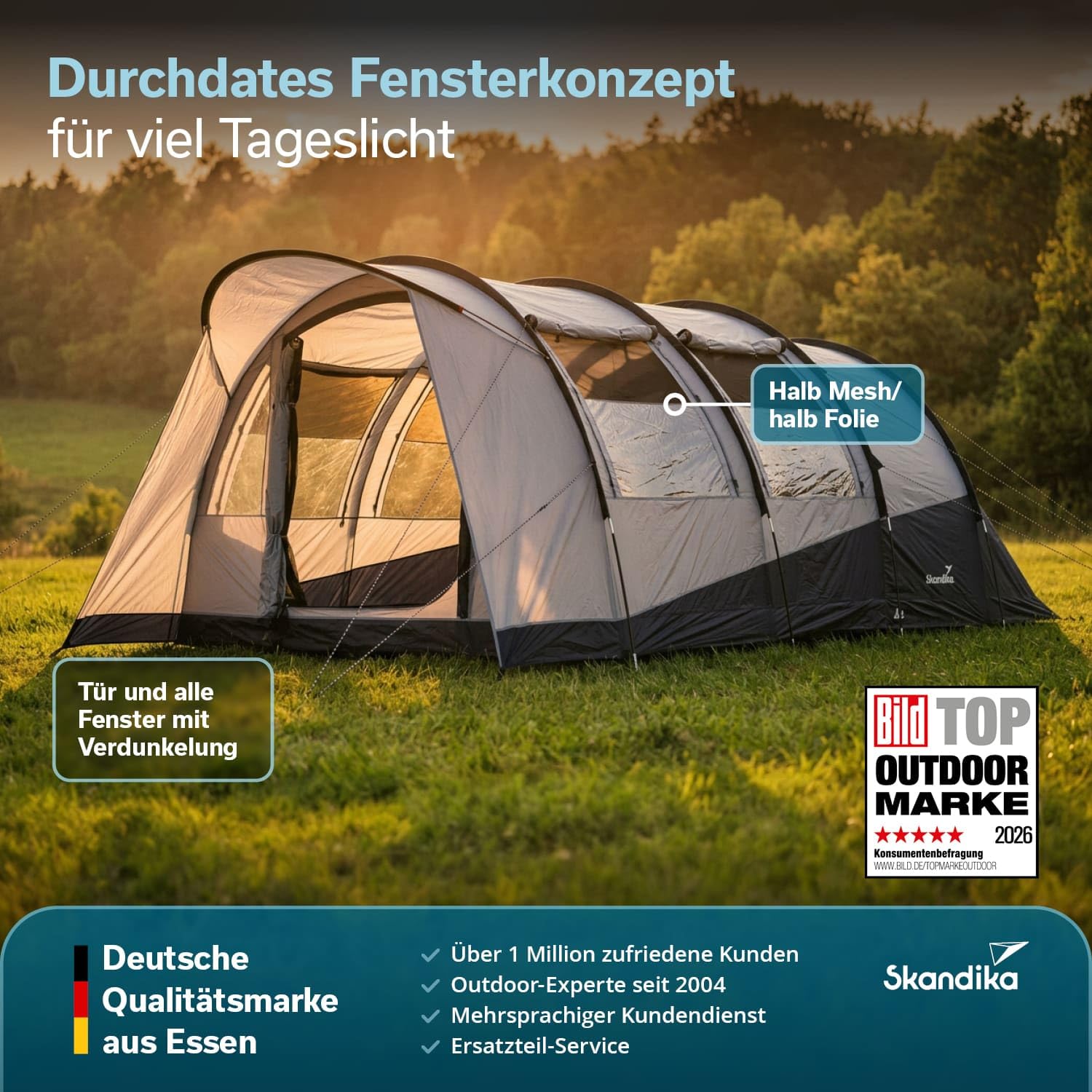 Skandika Isken 5 Protect, tenda da campeggio per 5 persone, finestra con zanzariera, fondo cucito, impermeabile, colonna d'acqua 3000 mm, con baldacchino, tenda per campeggio, festival, all'aperto