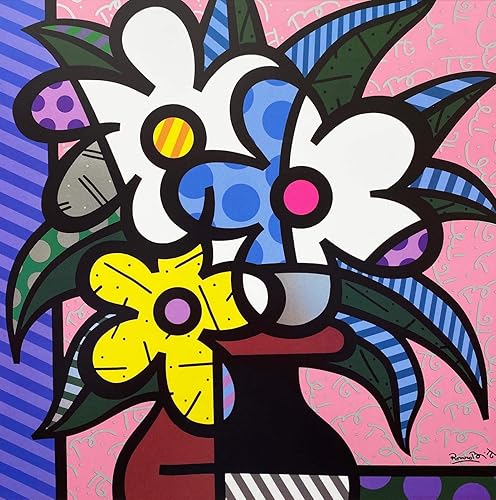 Miniatura 2 de Gallerygems Romero Britto Flores de cerezo (metálico), diseño de arte pop enmarcado personalizado, 17.5 x 17.5 pulgadas