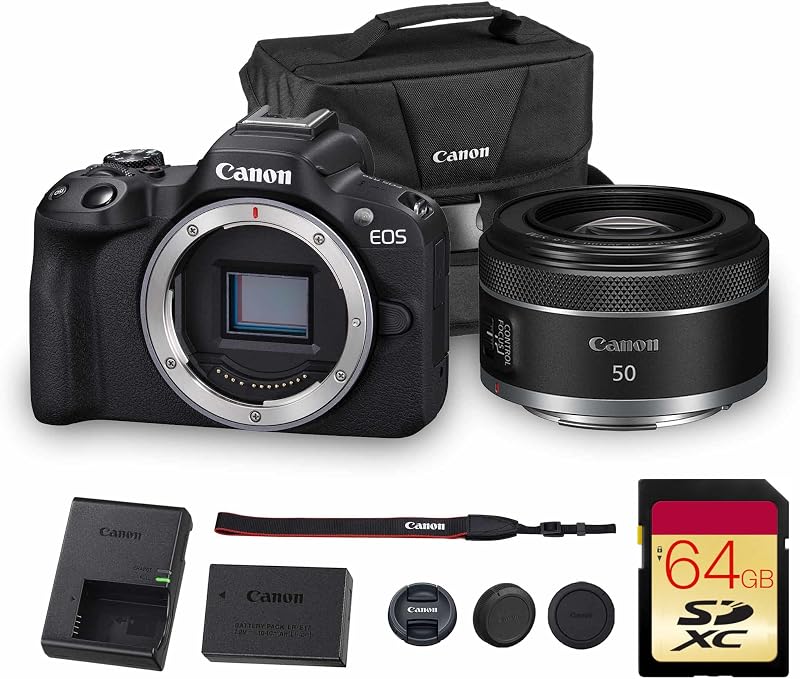Cámara sin espejo Canon EOS R50 | APS-C de 24,2 MP, vídeo 4K 30p, Dual Pixel AF II, ráfaga de 15 fps, pantalla de ángulo variable, cámara compacta para vlogging para principiantes + lente Canon RF 50 mm f/1.8 STM + tarjeta de 64 GB + más