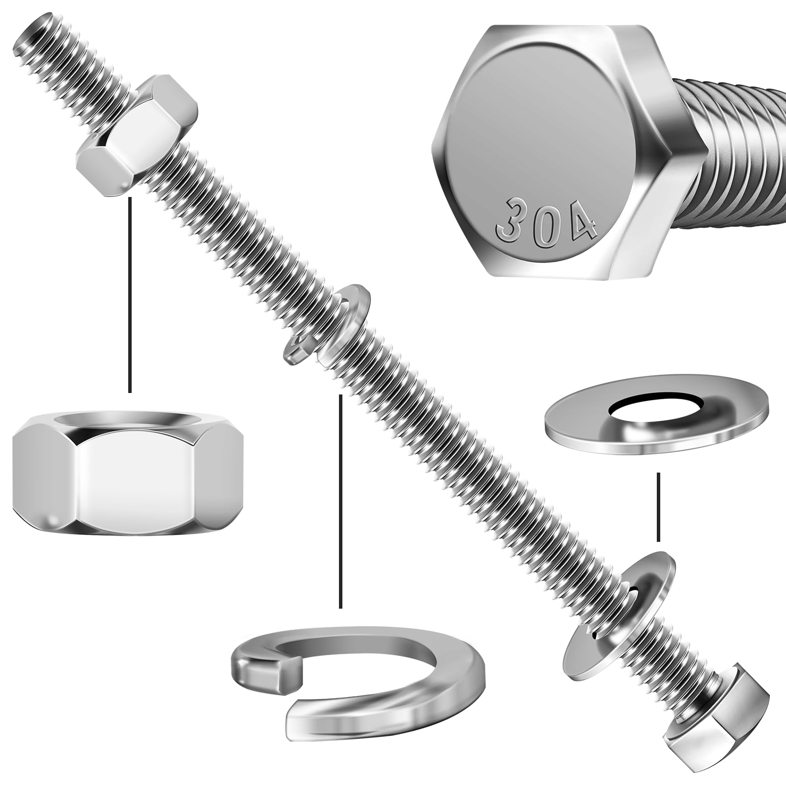 Stainless Steel Hex Bolts & Nuts Kit - 10 Sets -3 Stainless Steel Hex Bolts & Nuts Kit - 10 Sets -3