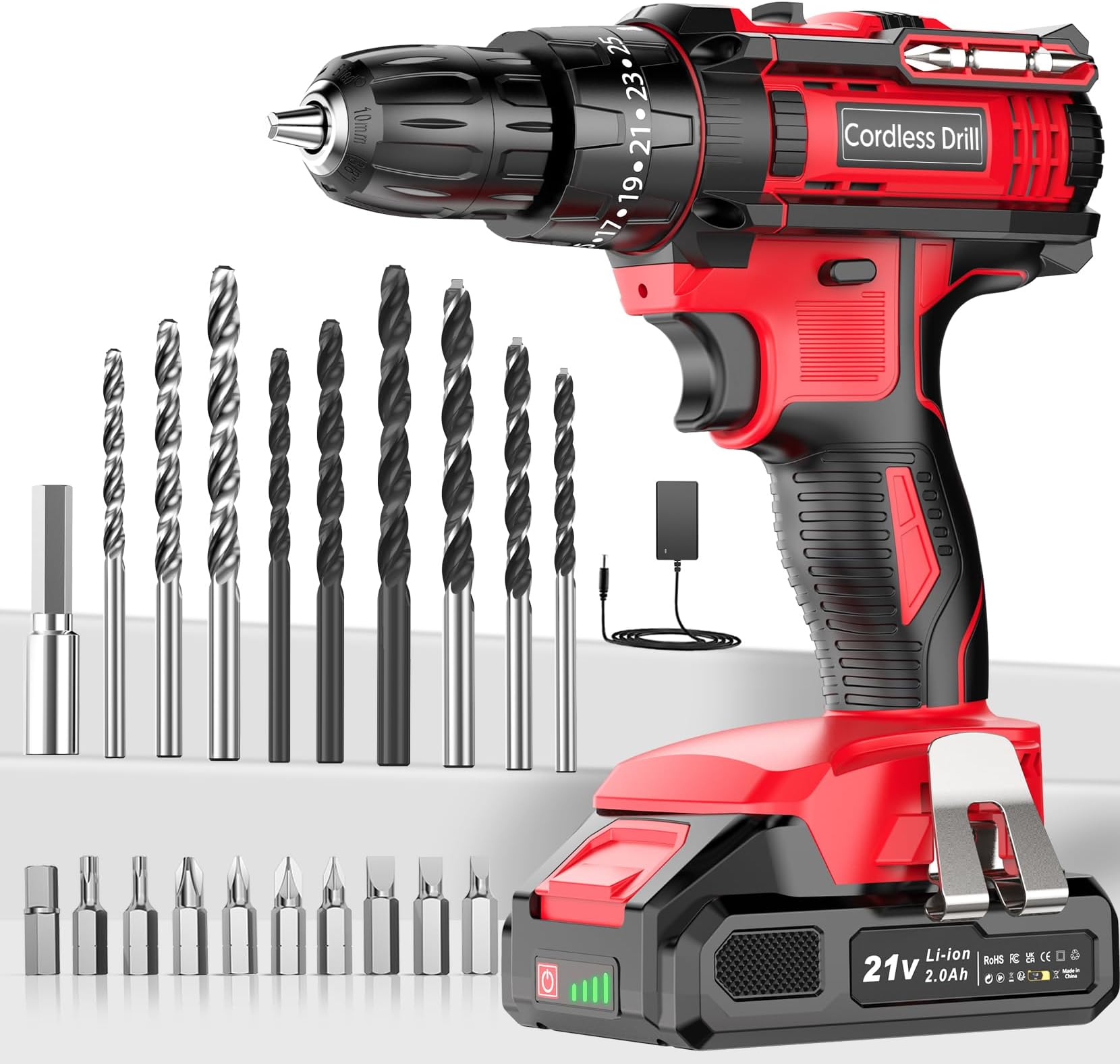 Cordless Drill Driver 21V, Cordless Hammer Drill with Battery 2000mAh, 25+3 Torque, 42N.m Max, 22PCS Accessories, 2 Speed, LED Light