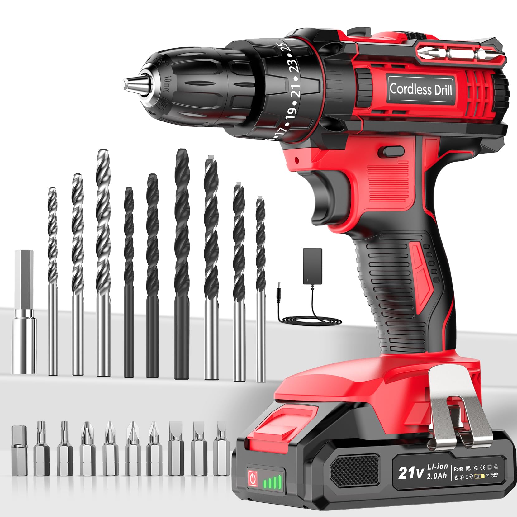 Cordless Drill Driver 21V, Cordless Hammer Drill with Battery 2000mAh, 25+3 Torque, 42N.m Max, 22PCS Accessories, 2 Speed, LED Light
