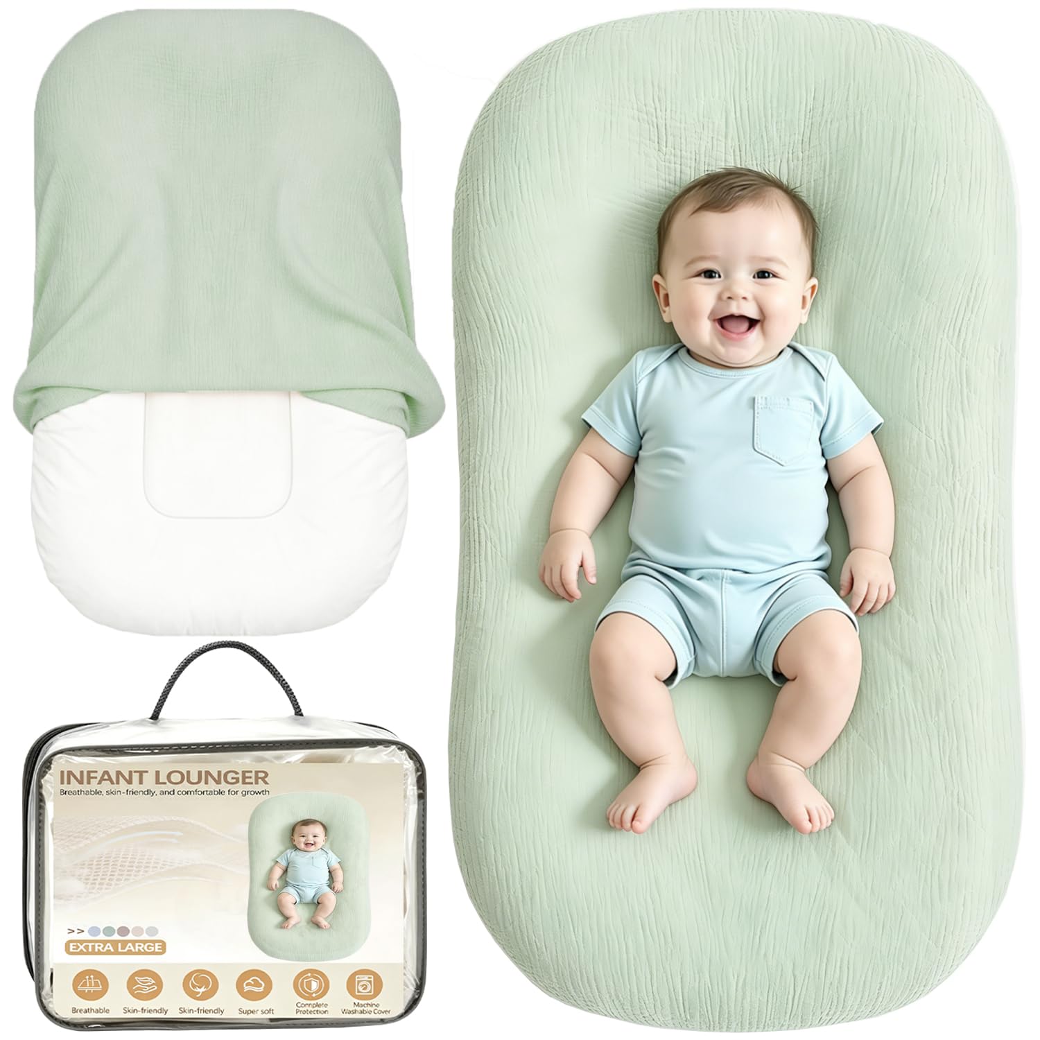 Photo 1 of Baby Lounger & Baby Nest, Extra Large Muslin Infant Lounger for Newborns | Breathable & Soft, Portable Tummy Time Mat for Home and Travel, Essential Baby Gift, 1 Lounger + 1 Cover, Green