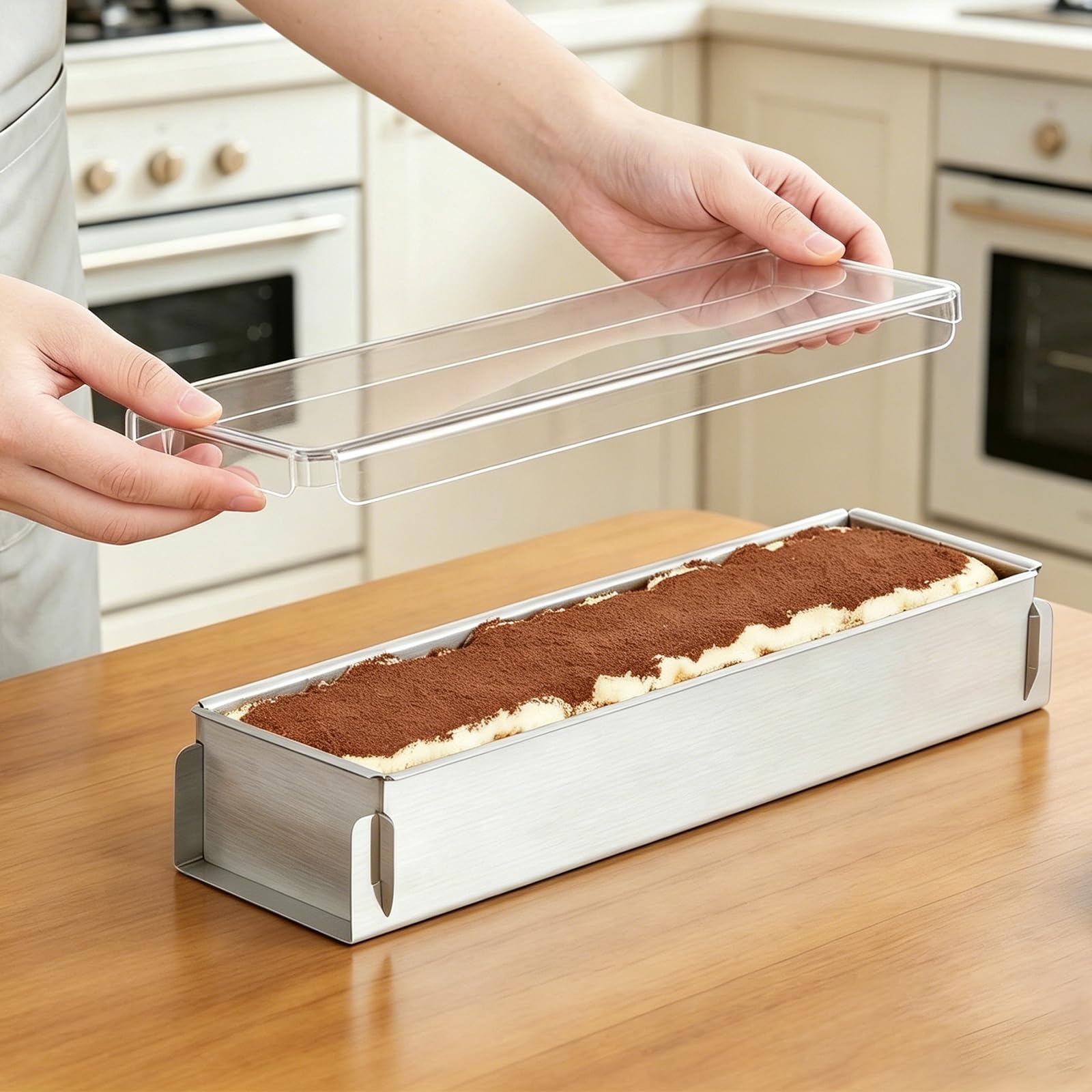 Moule à tiramisu en acier inoxydable - Rond - Rectangulaire - Réglable - En acier inoxydable - Anti-adhésif - Couvercle transparent - Fond amovible - Pour la maison et la restauration - 40 x 10 x 6 cm