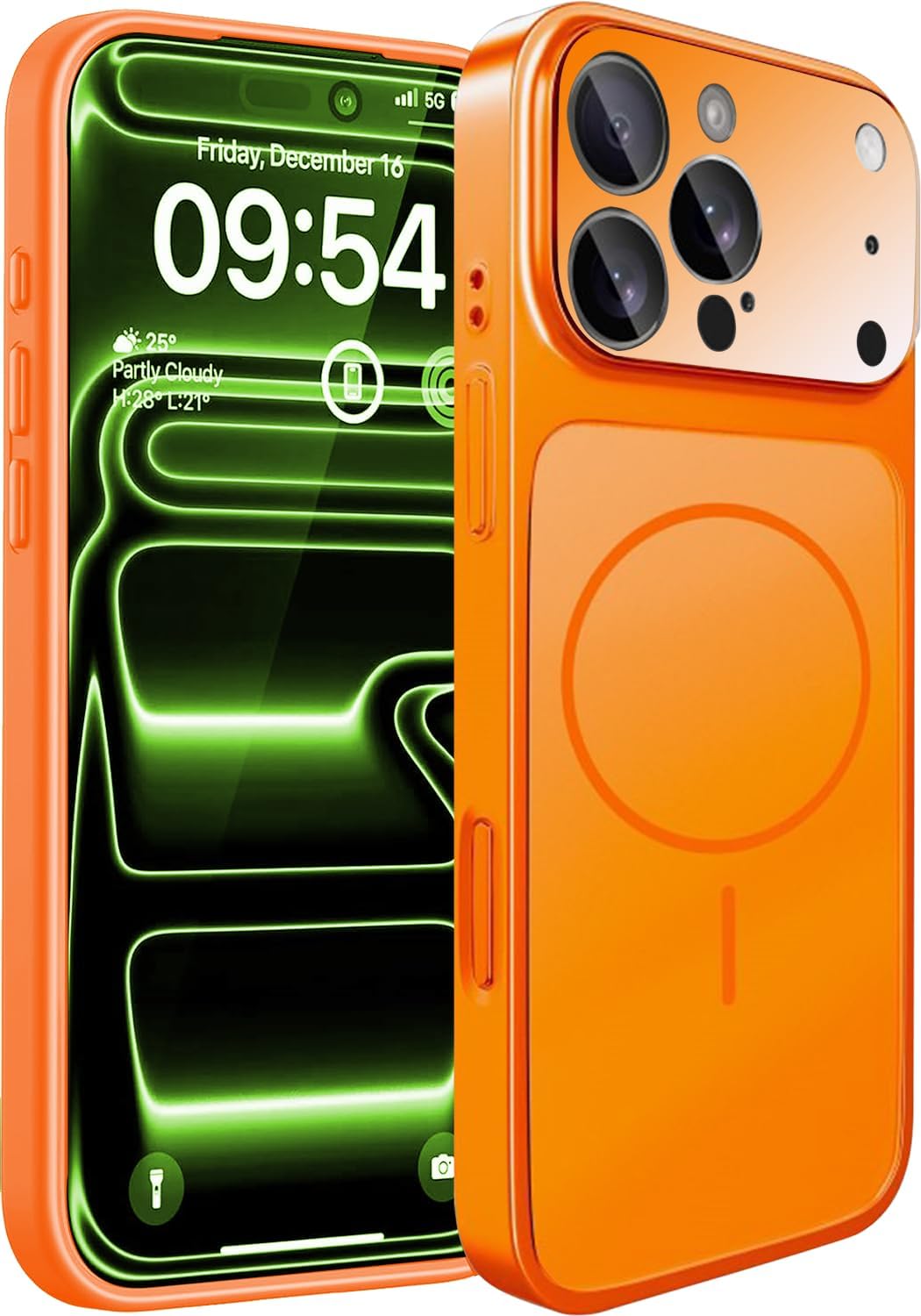 for iPhone 14 Pro Max Case, Frosted Glass Magnetic Cover with Large View Window & Camera Lens Protector (Orange, iPhone 14 Pro Max) Orange iPhone 14 Pro Max