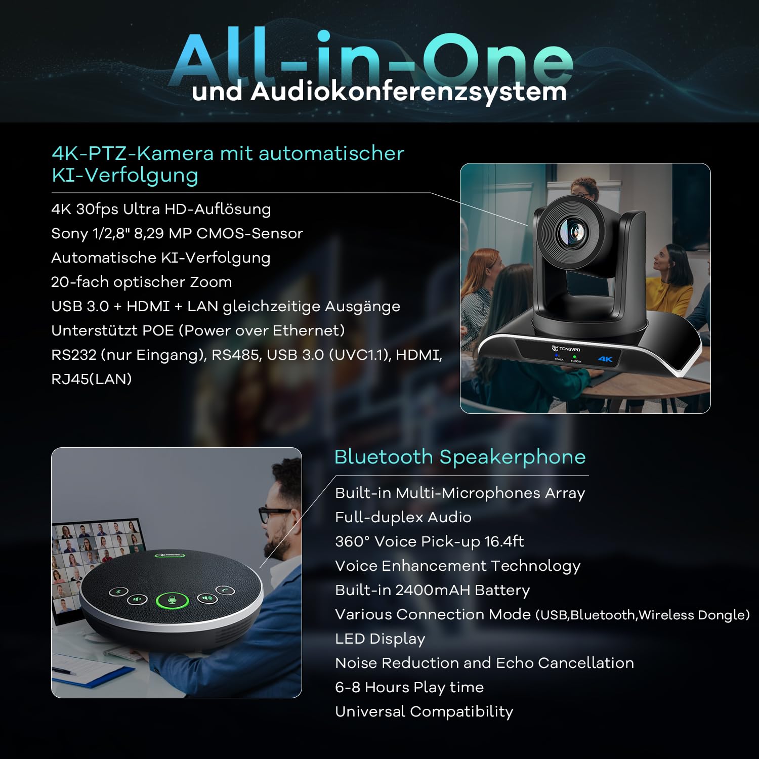 TONGVEO Système de caméra de salle de conférence PTZ 4K - Suivi automatique IA - Zoom 20x - Caméra PTZ 4K USB 3.0 HDMI LAN - Sorties et Bluetooth - Mains libres avec microphone pour de grandes