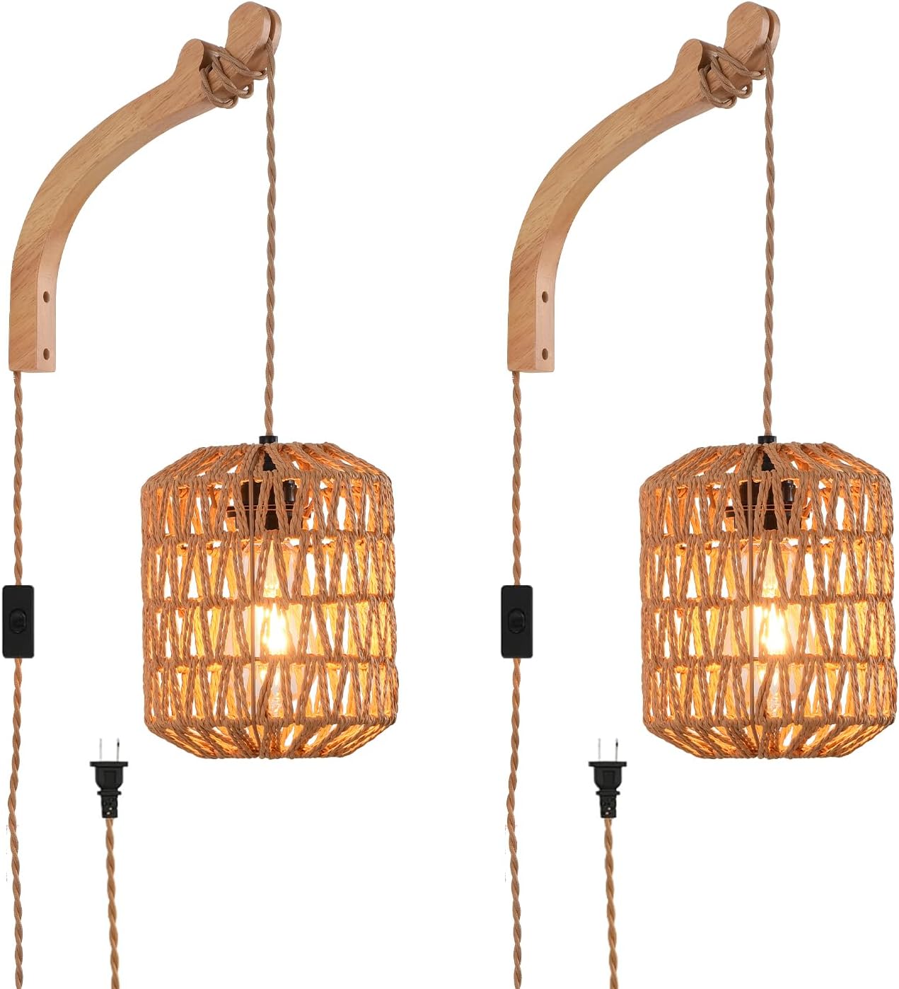 Plug in Wall Sconce,Farmhouse Wicker Wall Lamp Plug in,Hand Woven Rattan Wall Light Farmhouse Rustic Boho Sconces Wall Lighting for Living Room Bedroom