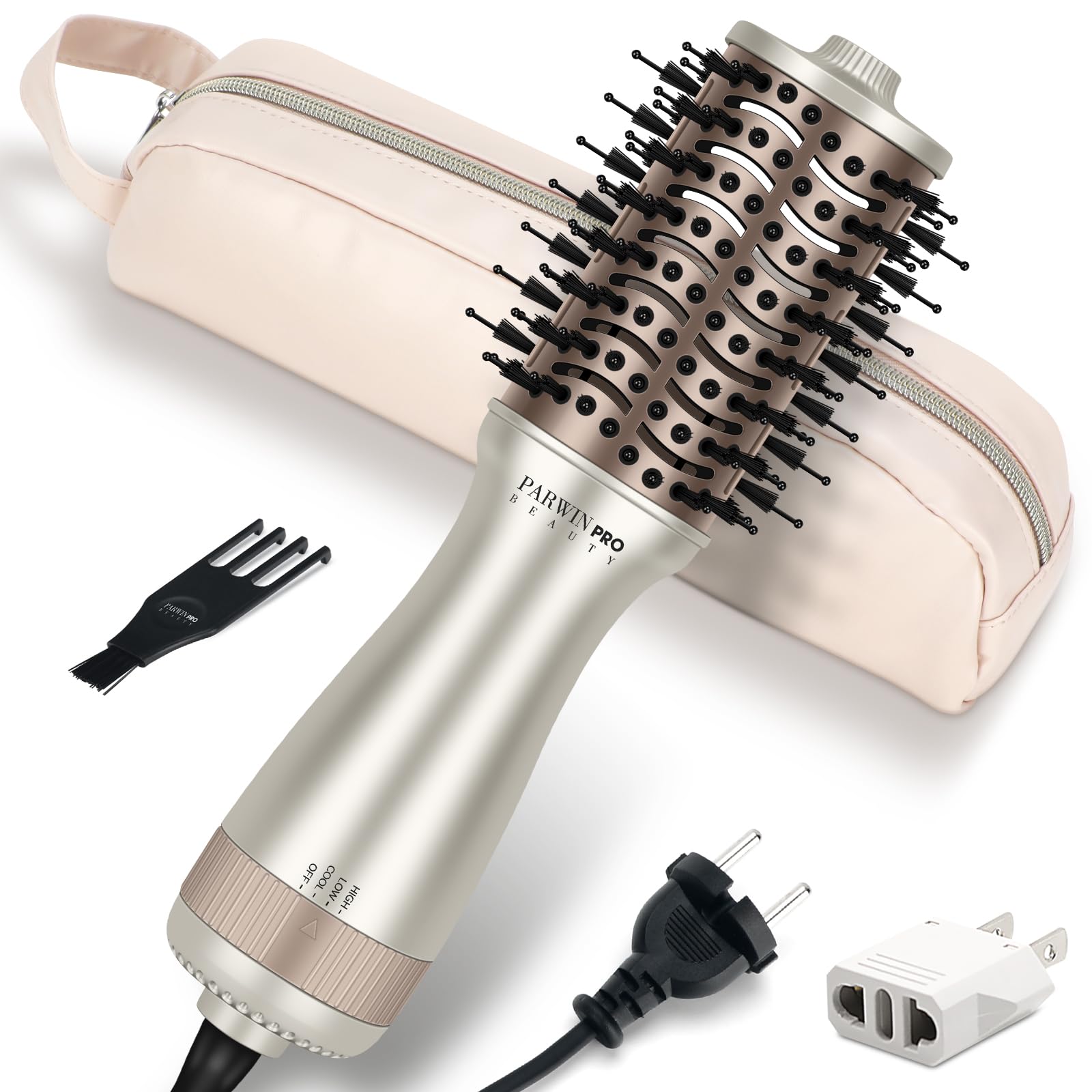 PARWIN PRO BEAUTY Mini szczotka podróżna do gorącego powietrza, owalna szczotka z podwójnym napięciem, automatyczna, 110-240 V, bez ręcznej zmiany, technologia jonowa, 3 temperatury, wtyczka EU i