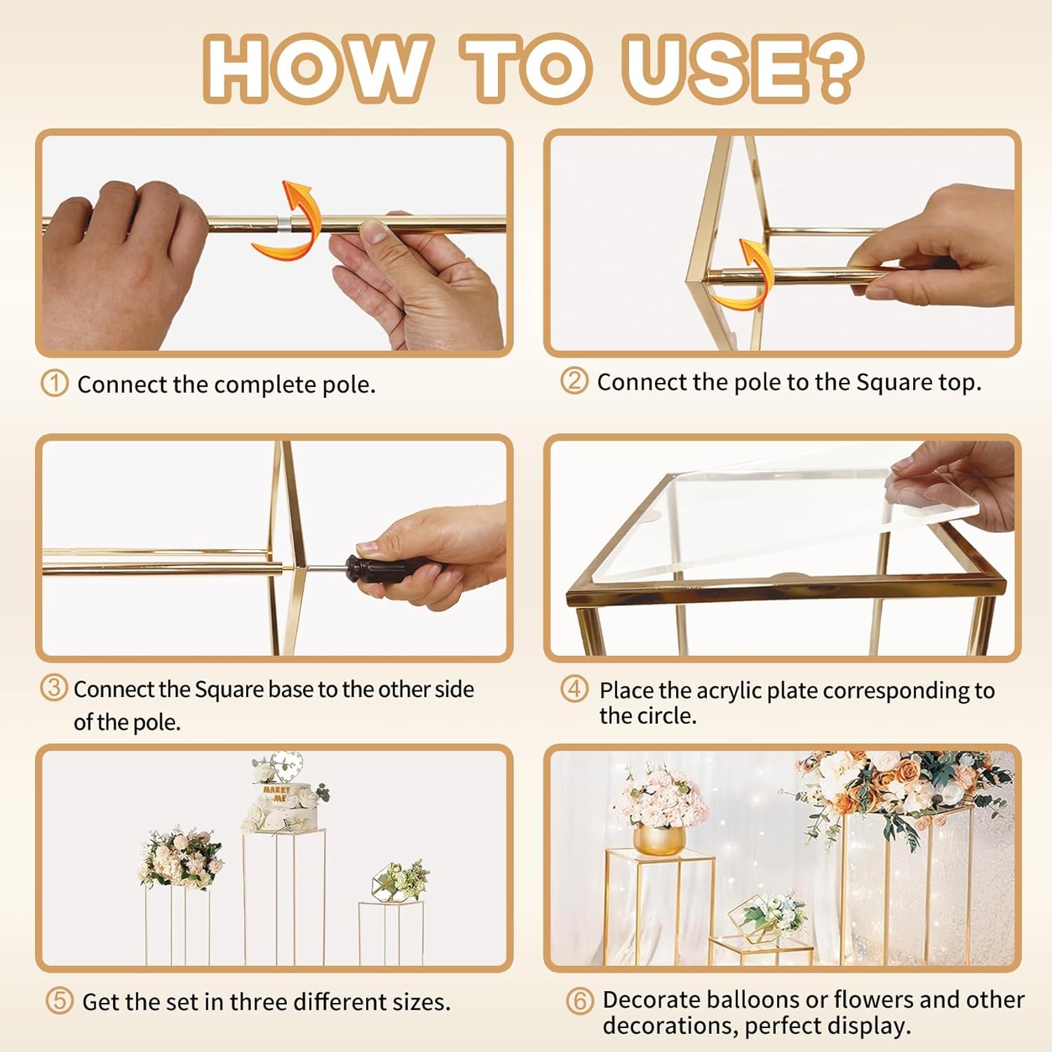 3pcs Gold Metal Plant Stand, Cylinder Pedestal Stands for Parties, Metal Plant Columns Pedestal Stands for Display, Square Cylinder Columns tables for Weddings Cake Stand Floor Plant Tables