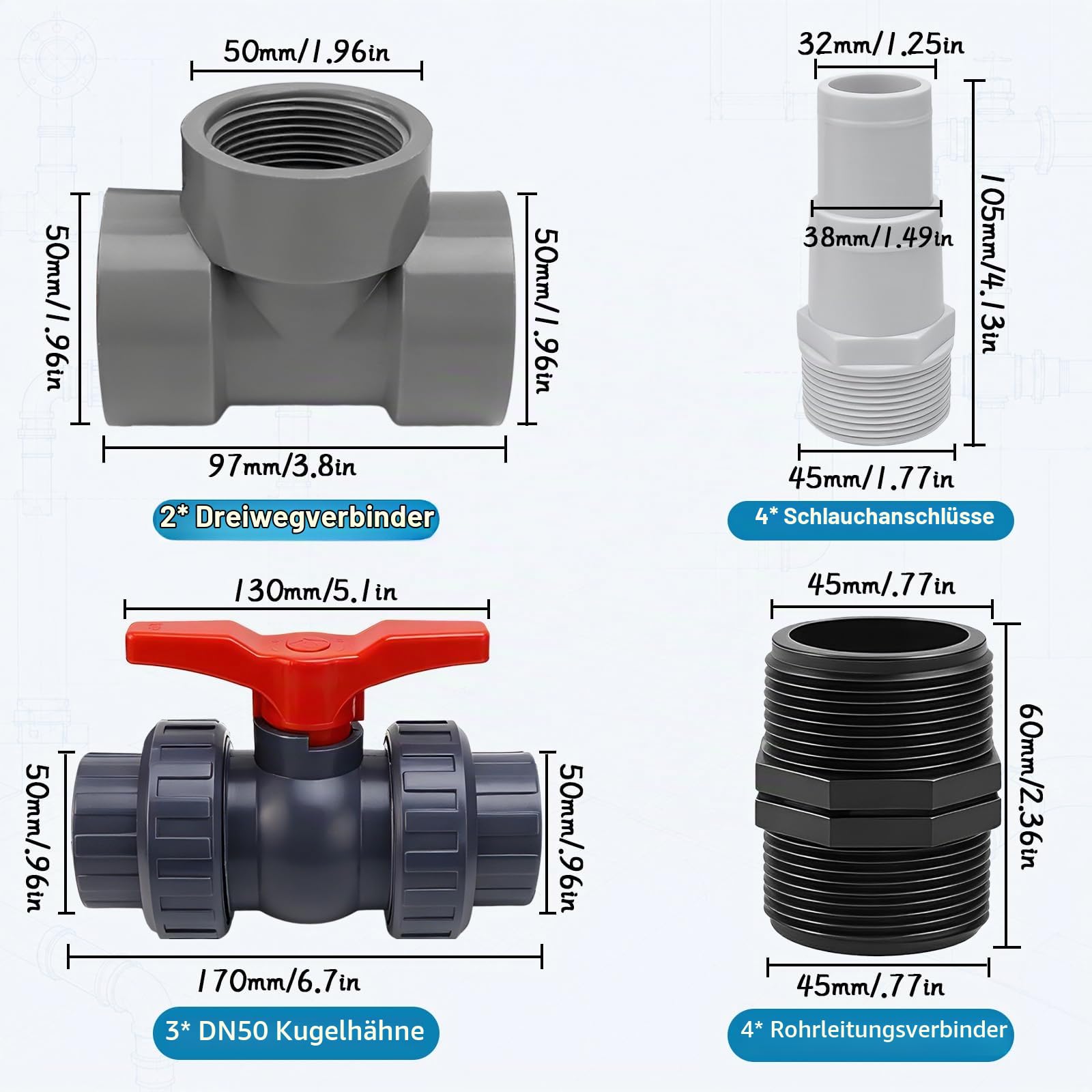 Bypass Pool Set 50 mm Wärmepumpe Pool Anschluss Set mit 32/38mm