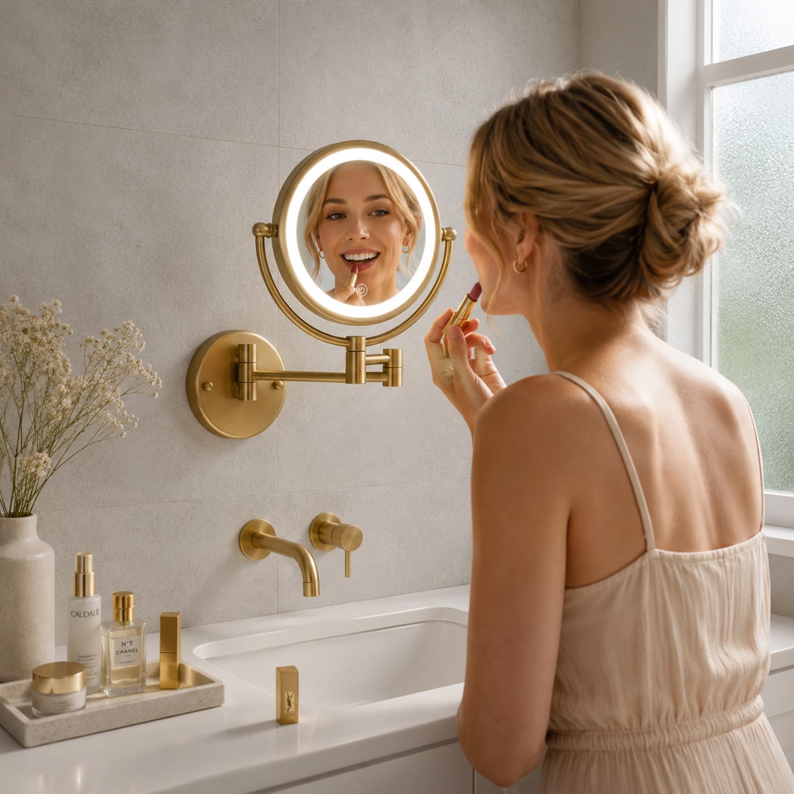 Miroir grossissant mural 10X or brossé avec éclairage LED 3 couleurs pour salle de bain