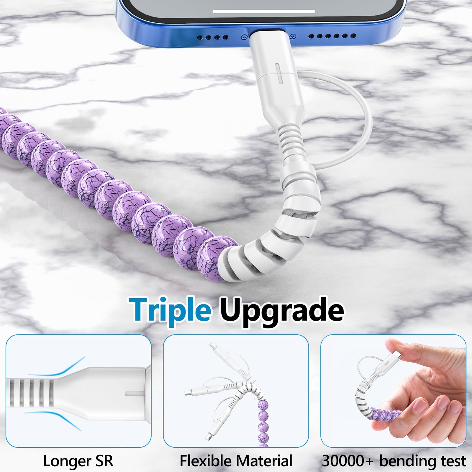 HianDier Cavo USB C [certificato MFI] Multi 4 in 1 per iPhone cavo di ricarica rapida 0,9 m durevole turchese perline USB A tipo C iOS cavo di ricarica per iPhone 16 15 14 13 Pro Max iPad Galaxy S25
